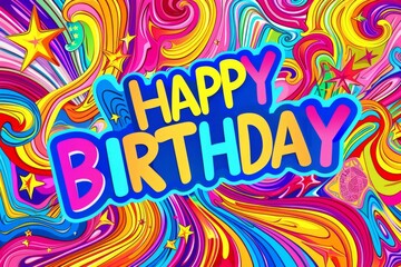Happy Birthday psychedelic rainbows and stars background Generative AI