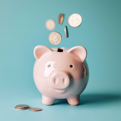 Pink Piggy Bank with Falling Coins on Blue Background