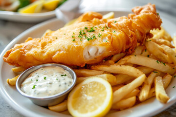 plate of fish and chips, a British fast food with battered and fried fish fillets and thick-cut...