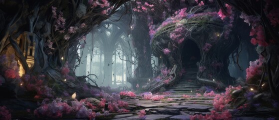 An illustration of a fabulous forest in colorful colors