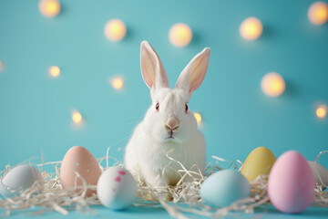 Naklejka na ściany i meble White Bunny with Pastel Easter Eggs