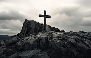 A stark black and white landscape featuring a Christian cross atop a rugged mountain under a dramatic, cloudy sky.