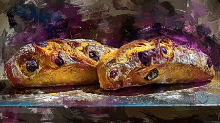  a painting of a loaf of bread with raisins and raisins sprinkled on top of it.