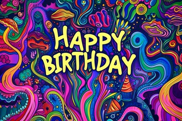 Happy Birthday psychedelic mushroom background Generative AI