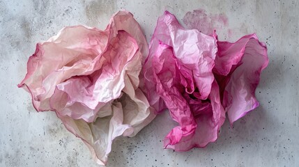  two pieces of pink tissue paper sitting on top of a white surface with a black dot on the bottom of it.