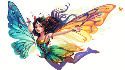 Flying butterfly fairy cartoon isolated on a white background.