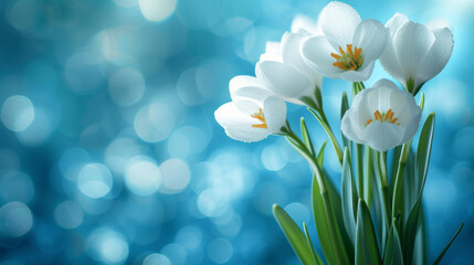 White snowdrop Flowers with blue Bokeh - obrazy, fototapety, plakaty
