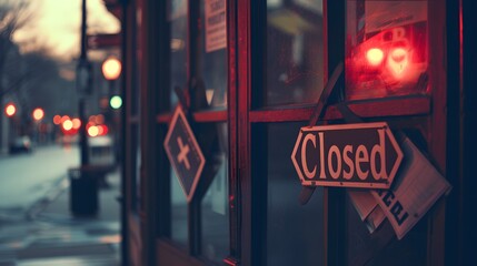 A hanging Closed sign on a shop door at dusk with the soft blur of city lights in the background.
