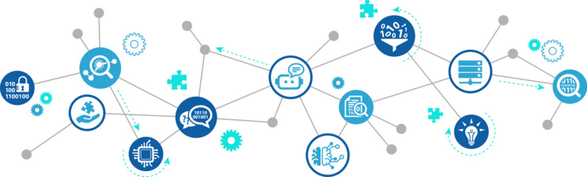 Chatbot / artificial intelligence vector illustration. Concept with icons related to generative AI model, interactive AI bot assistance & conversation, chat gpt, machine learning & big data interface.
