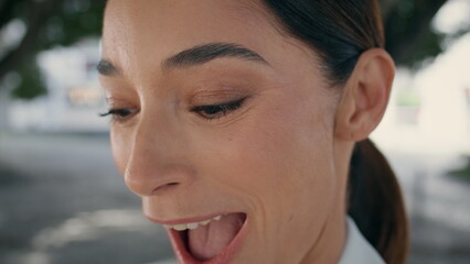 Portrait excited happy woman looking camera laughing. Girl rejoicing surprise.