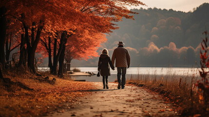 Old man and a woman walking together through a lush autumn forest filled with trees and yellow vegetation. Rear view.
