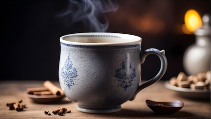 cup of coffee, Soft focus on a porcelain mug filled with aromatic chai tea, A shot a steaming cup of chai tea with aromatic spices
cup of coffee with beans