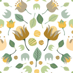 Pastel green, yellow and ocher floral elements symmetrical vector seamless pattern. Delicate art texture in liberty style for printing on various surfaces - textile, wrapping, packages, apparel etc...