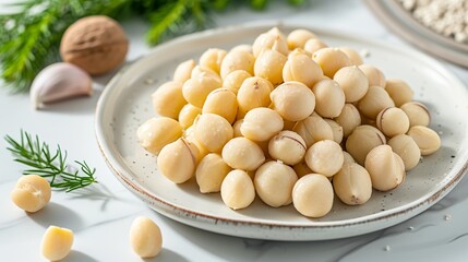 A dish of Macadamia integrifolia, a delicacy known for its premium quality. Nuts, contained in their hard shells, are prized for their crunchy texture and mild flavor.
