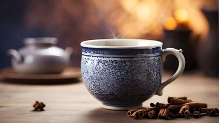 Tafelkleed cup of coffee with cinnamon sticks A shot a steaming cup of chai tea with aromatic spices © Waqasiii_Arts 