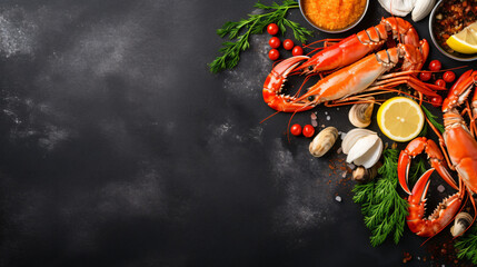 Fresh raw seafood - shrimps and crabs with herbs. - obrazy, fototapety, plakaty