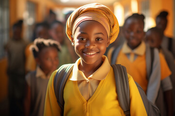 Smiling schoolgirl with classmates in sunlit African classroom, represents hope and education