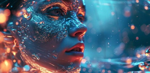 Futuristic woman with neon blue glitter makeup, perfect for sci-fi and fashion themes