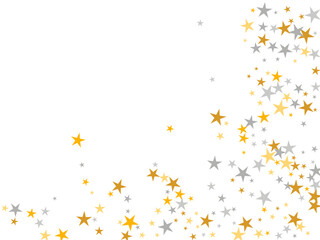 Modern silver and gold stars falling vector pattern. Many stardust spangles birthday decoration particles. Celebration stars falling design. Sparkle elements banner decor.