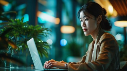 Serious Asian businesswoman working late on laptop in office or coffee shop, technology in modern city life