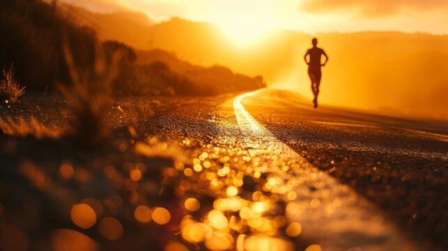 Solitary runner at sunset, symbolizing determination and wellness, perfect for fitness and inspiration themes