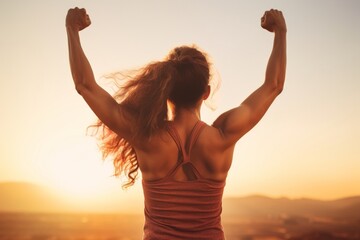 Motivated woman with raised arms celebrating success in sunset light, symbolizing fitness goals and empowerment - obrazy, fototapety, plakaty