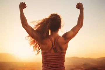 Foto op Plexiglas Motivated woman with raised arms celebrating success in sunset light, symbolizing fitness goals and empowerment © Andrei