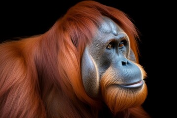Captivating close-up portrait of a solitary orangutan with expressive eyes, perfect for conservation themes