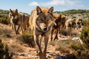 Obraz premium Alpha wolf leading pack in natural habitat