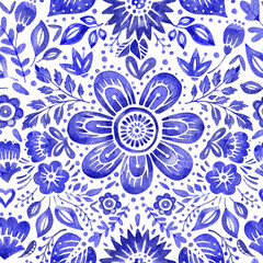 Fototapeta na wymiar Watercolor blue folk floral flower seamless pattern. Ethnic texture art Ukrainian print motif 