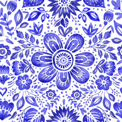Watercolor blue folk floral flower seamless pattern. Ethnic  texture art Ukrainian print motif 