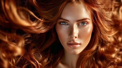 Fototapeta premium Close-up of a captivating redhead woman with intense gaze and luxurious curls Ideal for beauty & fashion