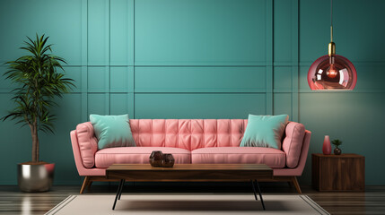 Mint pink sofa eclectic living room background image. Colorful livingroom photo backdrop. Modern lounge wallpaper picture. Stylish retro interior eclecticism concept photography indoors