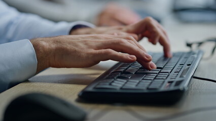 Operator hands typing keyboard closeup. Office manager working clicking mouse