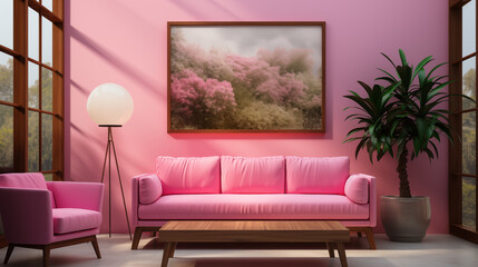Bright pink couch eclectic living room background image. Colorful livingroom photo backdrop. Modern lounge wallpaper picture. Contemporary interior eclecticism concept photography indoors