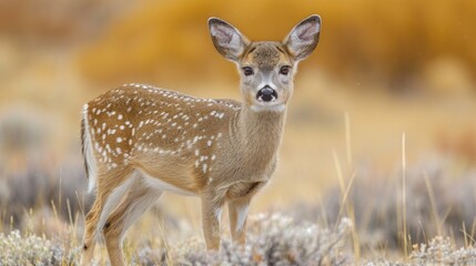  a close up of a deer in a field of grass with a blurry background and a blurry background.