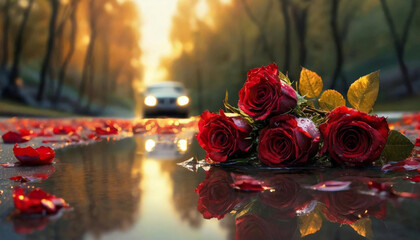 Zimowa aura, bukiet czerwonych róż porzucony na drodze. Generative AI - obrazy, fototapety, plakaty
