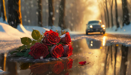 Zimowa aura, bukiet czerwonych róż pozostawiony na drodze. Generative AI - obrazy, fototapety, plakaty