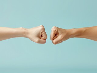 Fist bump hands and teamwork support hand sign.