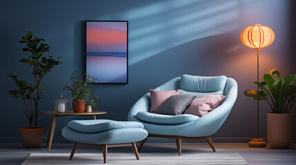 Serene livingroom armchair blue wall shadows background image. Comfy seating spot photo backdrop. Contemporary furniture wallpaper picture. Minimalistic home concept photography indoors