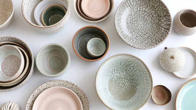  a table topped with lots of different types of bowls and bowls filled with different shapes and sizes of saucers.