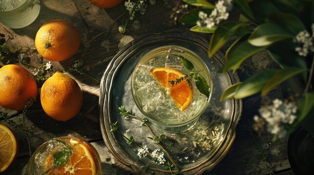  a glass of water with oranges on a table next to a bunch of green leaves and a bunch of oranges.