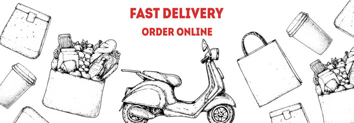 Food Delivery scooter hand drawn sketch. Goods delivery. Vector illustration. Logistics and delivery scooter. Fast delivery of food.