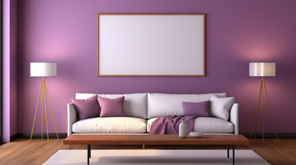 Violet white interior eclectic living room background image. Colorful livingroom photo backdrop. Modern lounge wallpaper picture. Contemporary eclecticism concept photography indoors