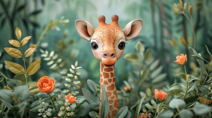  a close up of a giraffe in a field of flowers with trees in the background and a painting of a giraffe in the background.