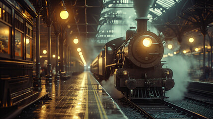 Classic Steam Train Arrival on Misty Railway Platform - obrazy, fototapety, plakaty