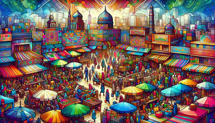 Fototapeta premium Colorful Market Scene in Vibrant Artistic Style 
