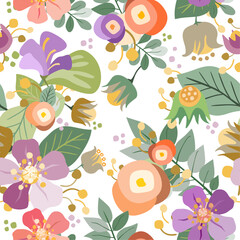 Colorful pastel floral elements vector seamless pattern. Attractive texture art in vintage style for printing on textile, wrapping, packages, apparel, homeware etc. or usage in graphic design.