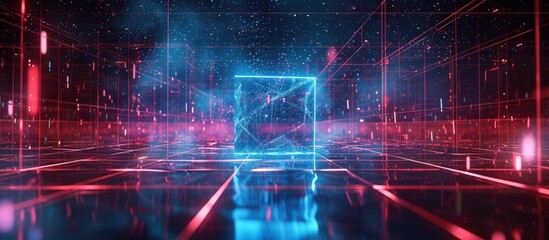 Digital futuristic 3d volumetric glowing cube in the city street with neon light. AI generated image