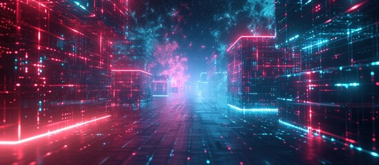 Fototapeta na wymiar Digital futuristic 3d volumetric glowing cube in the city street with neon light. AI generated image